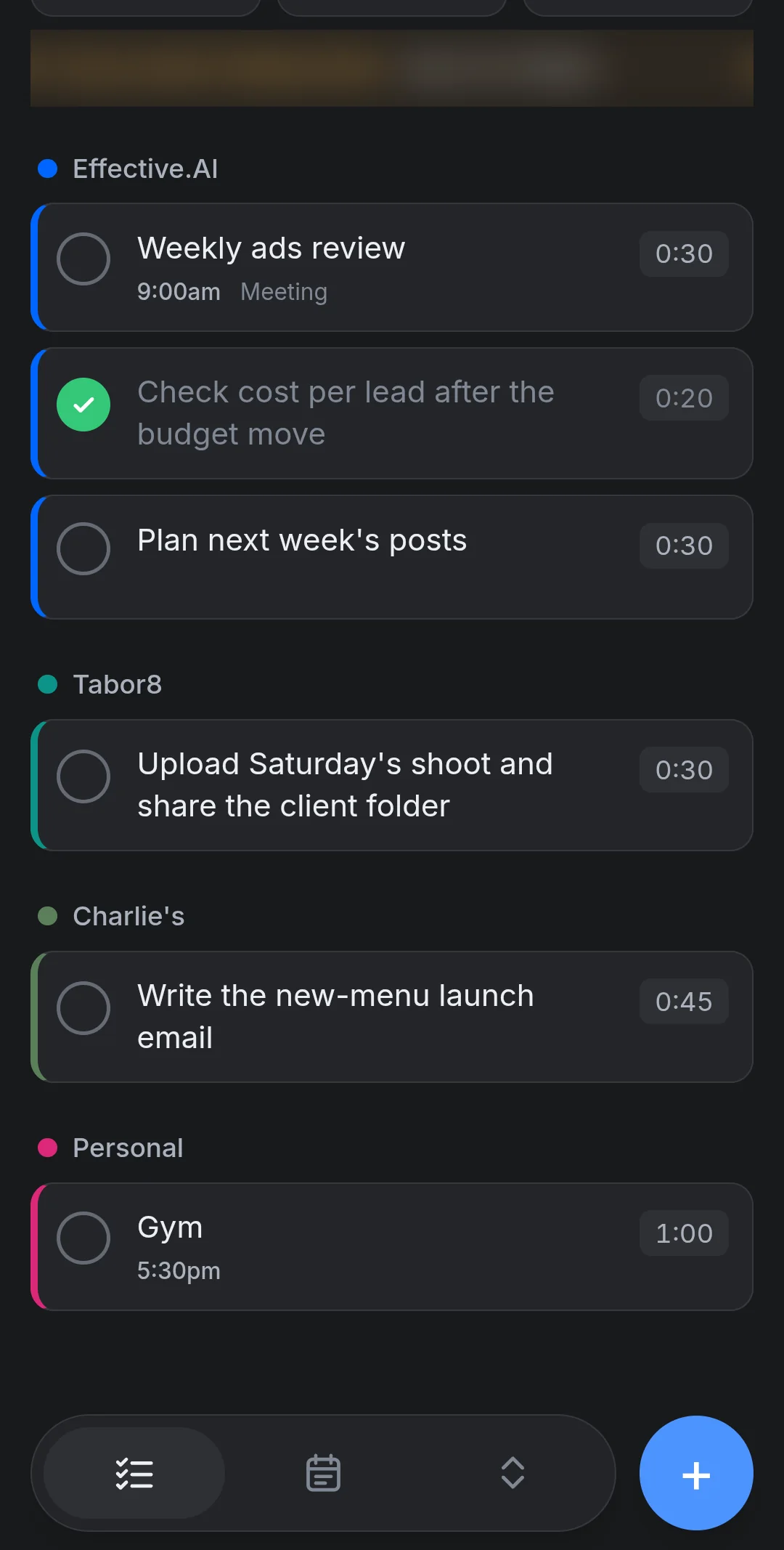 Slate day view: tasks grouped by job, one ticked off